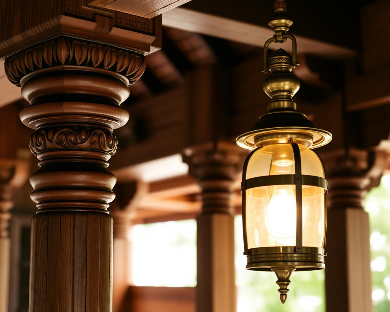 Carved teak pillar in a heritage Nalukettu home